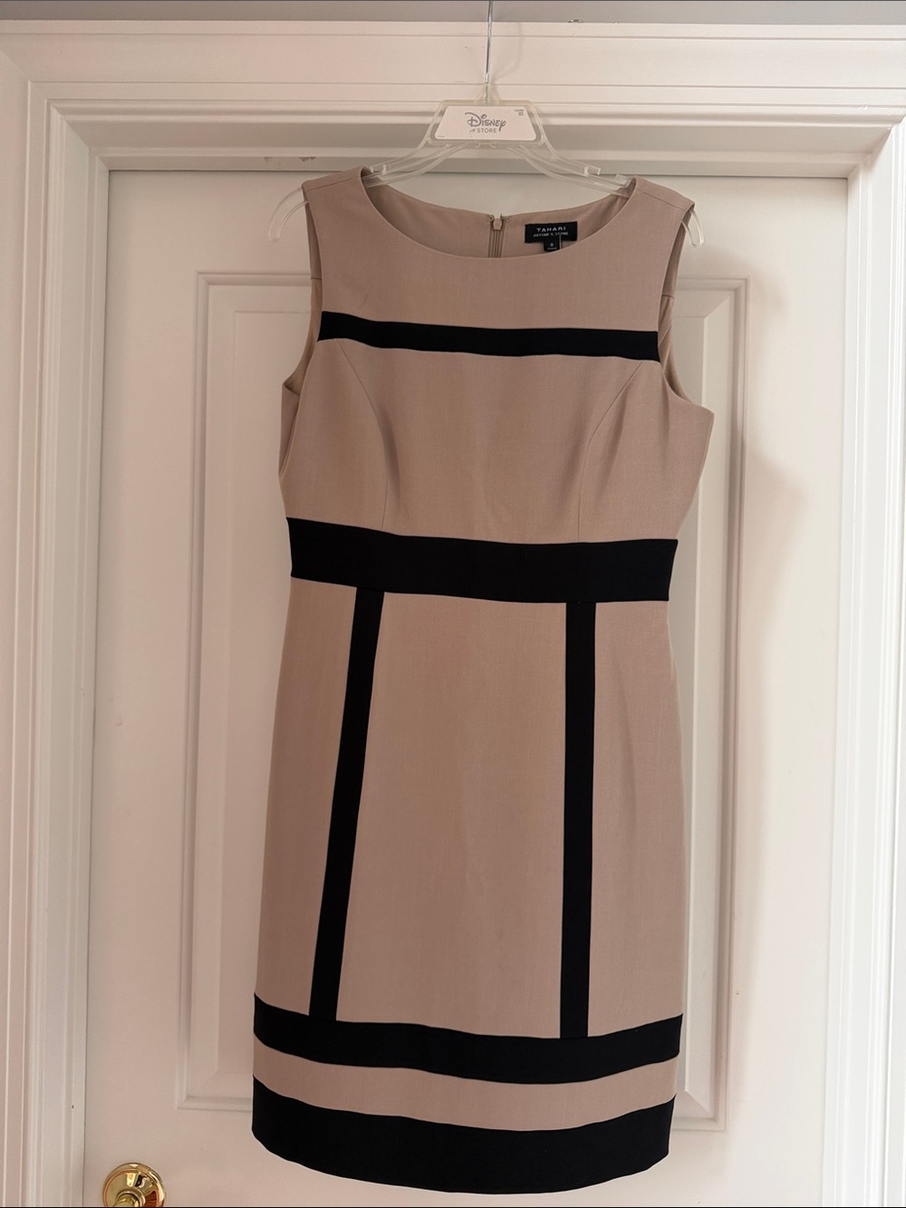 Tahari Taupe Sheath Dress with Black Trim Accents